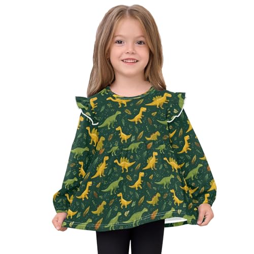 Cute Dinosaur Green A Girls Shirts Cotton Long Sleeve Ruffle Toddler Tee Tops3