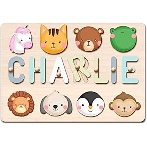 Personalized Name Puzzle for Kids Engraved Text Greetings on Back Custom Wooden Name Signs with Pegs for Baby Boy & Girl 1 Year Old Nursery Gifts Montessori Toys Toddler Puzzles for Newborn