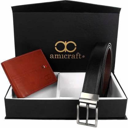 Image of Amicraft Faux Leather Men's Wallet & Belt Combo Set Black Brown Reversible Gift set