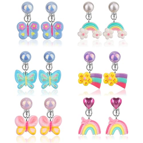 Mikovivi 6 Pairs Colorful Clip on Drop Earrings Set, Resin No Pierced Design Kids Child Dangle Earrings Cute Butterfly Ear Clips for Children Toddler Party Daily Wearing Princess Jewelry