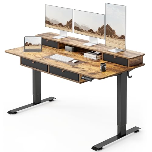 FEZIBO 60x30 inchs Height Adjustable Electric Standing Desk with 4 Drawers, Table with Storage Shelf, Sit Stand Desk with Splice Board, Black Frame/Rustic Brown Top