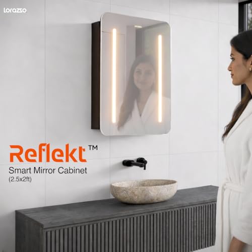 Image of Lorazzo Smart LED Mirror Cabinet - 30x24 in | 3 Colour LED Bathroom Mirror (Warm, Cool & White) | Anti-Fog Mirror with Defogger | Matte Black Mirror Cabinet with Storage | 5-Year Warranty