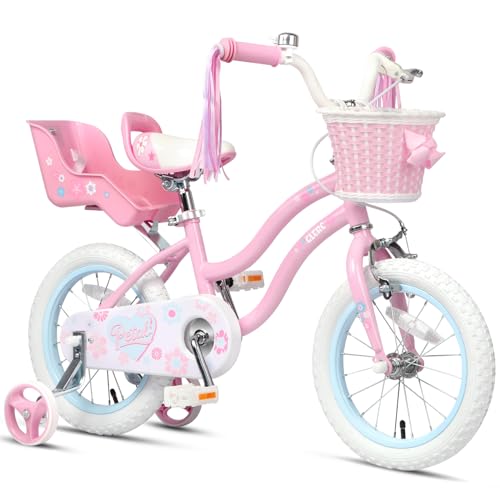 Glerc Petal Girls Bike, 14 Inch Kids Bike for Ages 3-5 Years Old, Princess Style Kids Bicycle with Training Wheels & Basket & Streamers, Pink