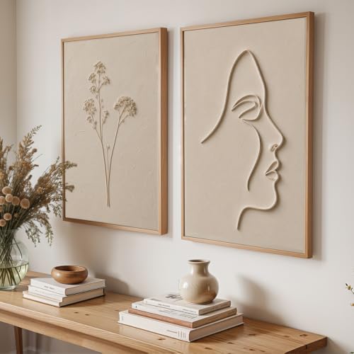Image of NoWorries Minimal Line Art Wall Painting Set of 2 with Frame | Abstract Woman Face & Botanical Flower Beige Artwork, Modern Neutral Wall Decor for Living Room, Bedroom, Office and Home Decoration (Art-8, 10x13inch)