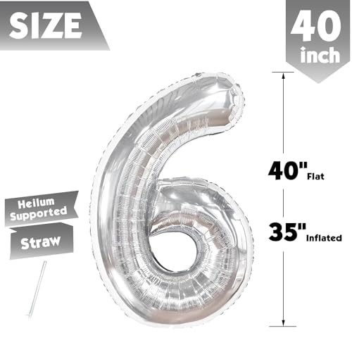 Image of 40 Inch Silver Number 6 Balloon Birthday Party Decorations for Men & Women | 40 Inch Silver inflatable foil number balloons, large birthday decorations for 6th birthday