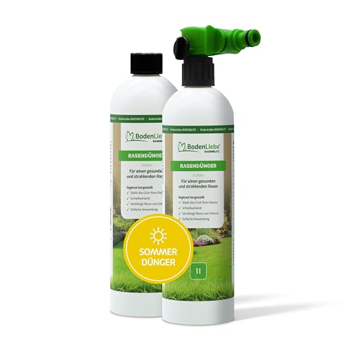 BodenLiebe RASENBLITZ Sommerdünger - sichtbar dichterer Rasen trotz Hitze, 2 L für 100 bis 200 m², ideal bei blassem Grün, flüssig & direkt am Gartenschlauch anwendbar