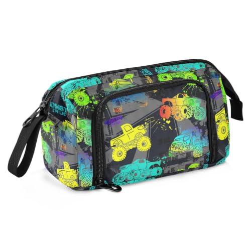 Image of Monster Trucks Print Pencil Case Pouch Big Capacity Pencil Bag Box Organizer Pen Case with Compartmens Stationery Organizer for Girls Boys Women School College Office