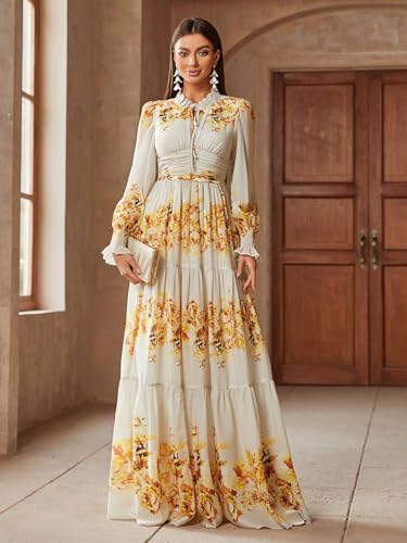 Image of TOLEEN Summer Casual Dresses for Women 2024 Spring Fashion Boho V Neck Long Sleeve Ruffle Floral Print Elegant Maxi Dress