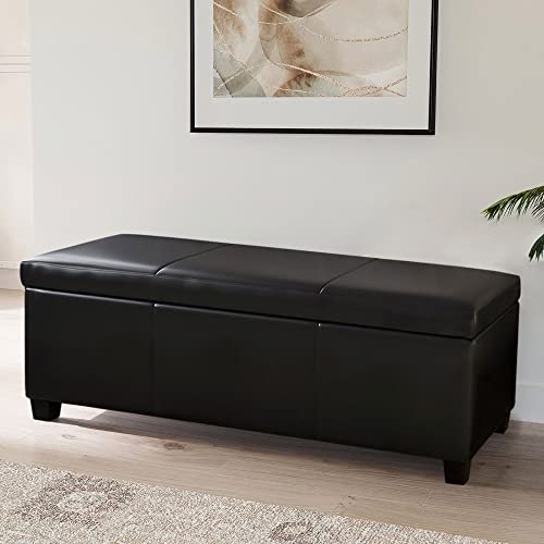 Image of BELLEZE Storage Faux Leather Ottoman, 47 Inch Bench Bedroom Bench with Safety Close Hinge, Extra Long Ottoman with Storage for Living Room, Entryway, Hallway, Foot Rest, Support 300lbs - Black