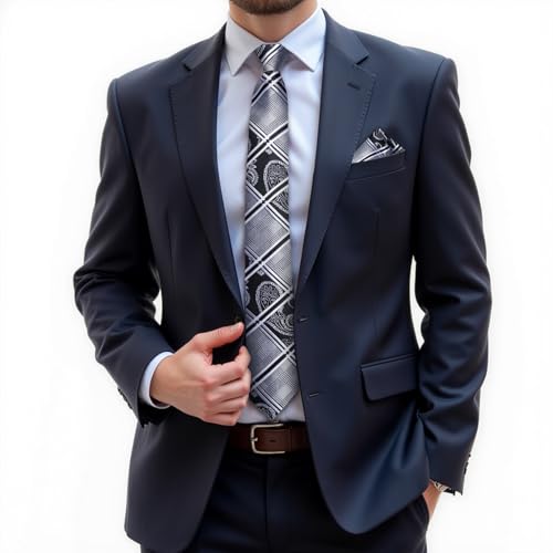 Image of DiBanGu Silk Zipper Ties for Men,Paisley Solid Plaid Pre-tied Tie and Pocket Square Cufflinks Set Formal Adjustable Necktie
