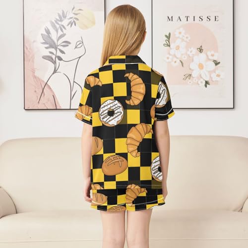 Satin Pajama Sets Short Sleeve Bakery Items on Checkerboard Button Down Silky Nightwear 2 Piece PJS 5-14Y4