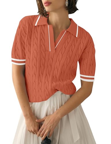 Image of Micoson Womens Short Sleeve Sweater Tops Lapel V Neck Polo Shirts 2026 Summer Cable Knit Loose Blouse Business Casual Outfits