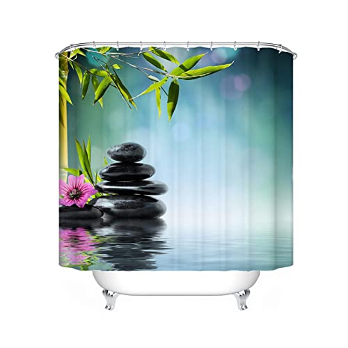 Bfrdollf Bambus Spa - Duschvorhang-Set 180x200 Blickdicht,Wasserdicht, Waschbar,Textil Mit 12 Haken,Kiesel Bambus-Wasserstein Duschvorhang (3,120×200cm) – Bild 3