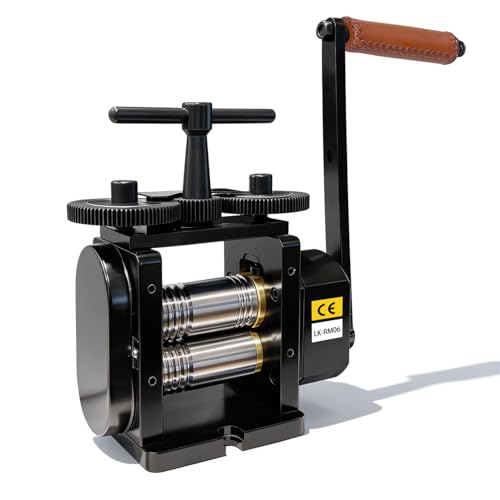 Lakimi Manual Jewelry Rolling Mill Machine 90mm Flat Roller 4:1 Gear Ratio Adjustable 0.14mm Thickness Metal Sheet & Wire Flattening Tool for Jewelry Making and Metalworking LK-RM06