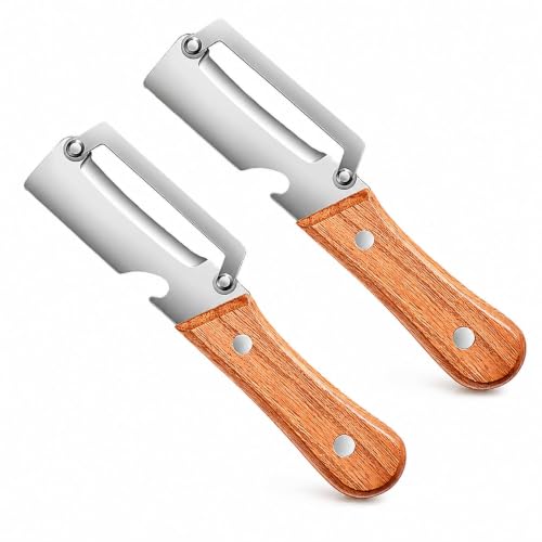 Image of Multifunctional Vegetable Peeler with Wooden Handle | Stainless Steel 3-in-1 Kitchen Tool | Potato, Carrot & Fruit Peeler with Scallion Shredder and Built-in Bottle Opener (2)