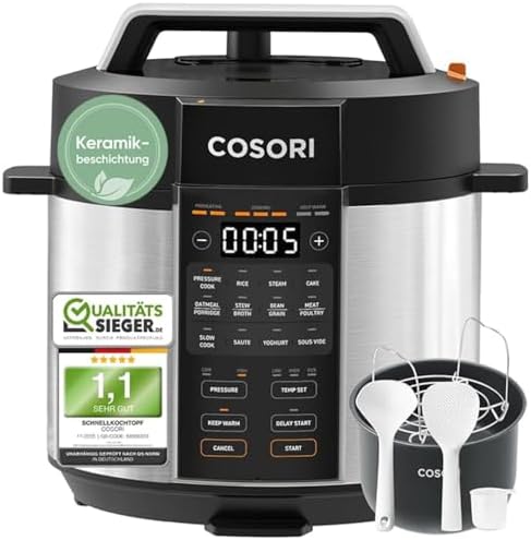 Cosori Schnellkochtopf, Pressure Cooker, Keramikbeschichtung, 5,7 L, 9-in-1 | Multikocher mit 14 Funktionen, Reiskocher, Dampfgarer, Joghurtbereiter, Slow cooker, Sous Vide, Rezept