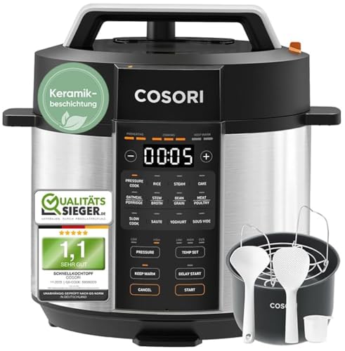 COSORI Schnellkochtopf, Keramikbeschichtung, 9-in-1, Multikocher mit 14 Funktionen, Pressure Cooker 5,7 L, Reiskocher, Dampfgarer, Joghurtbereiter, Slow cooker und Sous Vide, Rezeptbuch, Edelstahl
