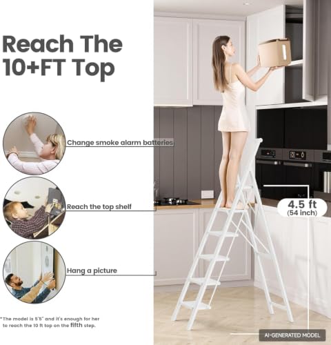 Image of SOLADDER 6 Step Ladder, Folding Step Stool with Handgrip and Anti-Slip Wide Pedal, Portable Lightweight Aluminum Stepladder for Kitchen, Home, Library, Office (300 lbs Capacity) - White
