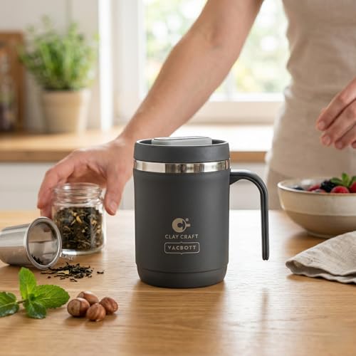 Image of CLAY CRAFT VACBOTT Dyona 400ML (Dark Blue)Premium Stainless Steel Puf-Insulated Flask Mug|304 Food Grade Steel| Long Hrs Hot & Cold|Airtight, BPA-Free, Leak-Proof Travel Mug with Handle| Made in India