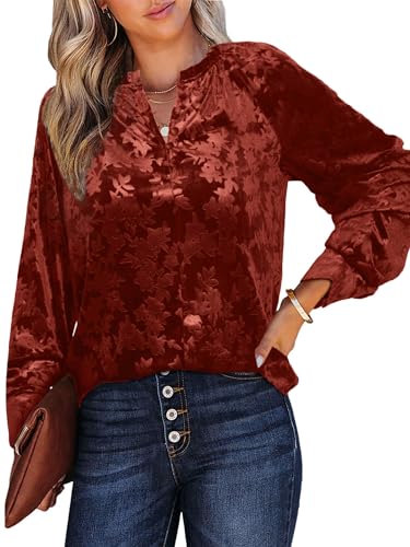 Simplee Velvet Tops for Women Long Sleeve Button Down Shirt Fall Blouses Dressy Casual Holiday Party Outfits 2025