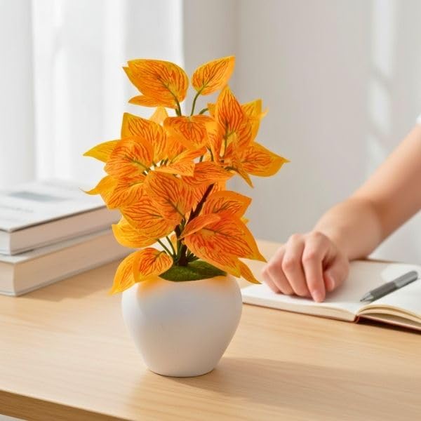 Image of fancymart Artificial Plant Leaves in Apple Pot (30 cm Height) | Small Potted Plant for Office Desk | Home Decor for Living Room | Cafe & Restaurant Table Decoration