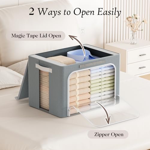 Image of Yecaye Clothes Storage Bins with Metal Frame, 40L Foldable Clothing Storage Bins with Lid, Stackable Zippered Clothes Storage Bags, Oxford Fabric Organizer Box With Clear Window& PU Leather Handles