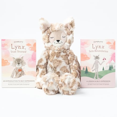 Image of Slumberkins 14" Lynx Kin & 2 Board Books Complete Set Bundle | Promotes Self-Expression, Mindfulness & Boundaries | Social Emotional Development | Gift Set (Lynx Kin Plush + 2 Board Books)