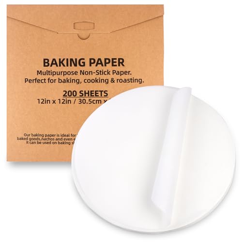 200 Pcs Parchment Paper Baking Sheets Round 12 Inch,Round Cake Pan Parchment liners,Baking Parchment Non-Stick Baking Parchment Paper Circles,Baking Air Fryer Steaming Bread Cup Cake(White-12