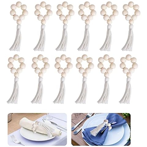 Napkin Rings Set of 12, Handmade Wood Bead Napkin Holder Ring with Rope Tassel Tabletop Decor for Dinning Table Setting, Party, Wedding, Family Gatherings Cover