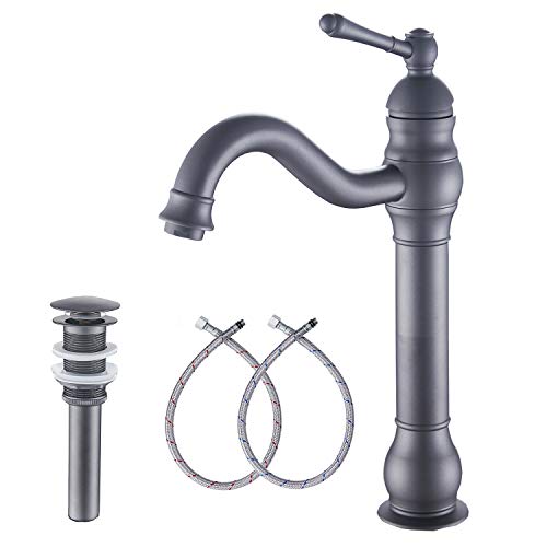 GGStudy Bathroom Faucet 360° Swivel Single-Handle One Hole Bathroom Vessel Sink Faucet Matching Pop Up Drain Grey Farmhouse Bathroom Vanity Faucet