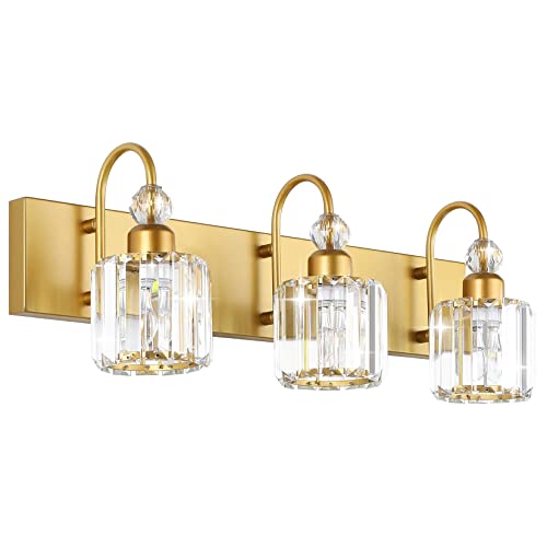 Image of Ralbay Gold Bathroom Vanity Lights 3-Lights Gold Crystal Vanity Lights Over Mirror Modern Crystal Bathroom Vanity Lighting Fixtures