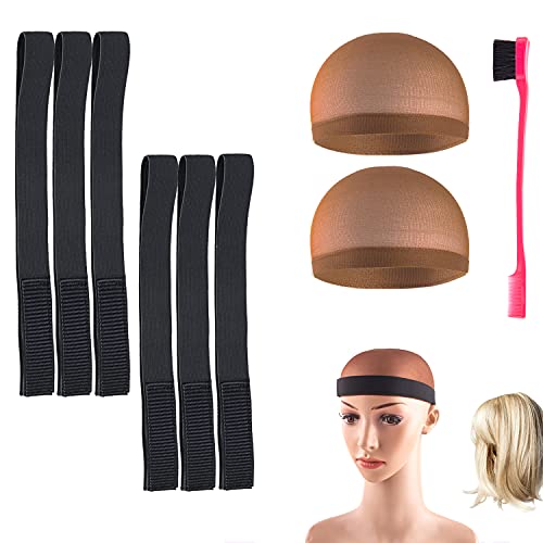 WXJ13 9 Pieces Wig Edge Elastic Band, Elastic Band for Wig Edges, 1.0 inch Adjustable Wig Edge Elastic Band with Hair Edge Brush and Wig Caps for Baby Hair Frontal Wig Lay Down