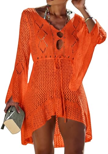 Jinsha Mujer Vestidos Verano Ropa Punto para Pareos Playeros   Baño Bikini Cover Up Sexy V Cuello Fiesta Crochet Ganchillo Tejido Kaftan Camisola de la playa Suelto Suave Cómodo Elegante Mujer(Naranja