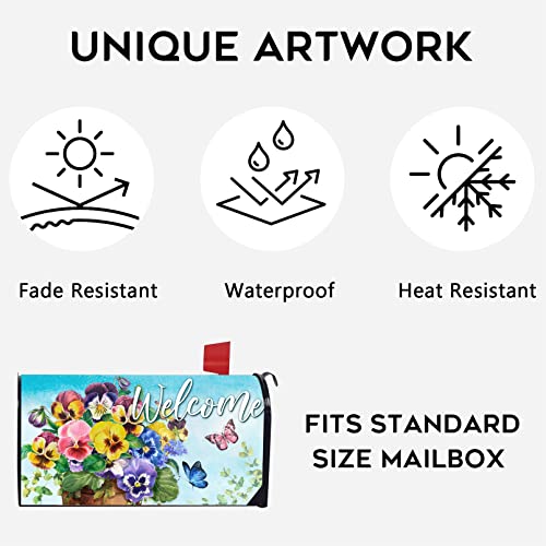 Fbcoo Welcome Spring Pansy Flowers Mailbox Cover Magnetic Standard Size 21" X 19", Floral Pansies Decorative Post Letter Box Wrap Decor Butterfly Summer Garden Yard Outdoor Decoration #TOP3