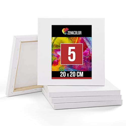 Zenacolor Lot de 5 Toiles a Peindre 20x20cm - Toile Peinture Acrylique/Huile/Gouache - Toile Vierge/sans Acide / 100% Coton - Canvas avec Chassis Bois