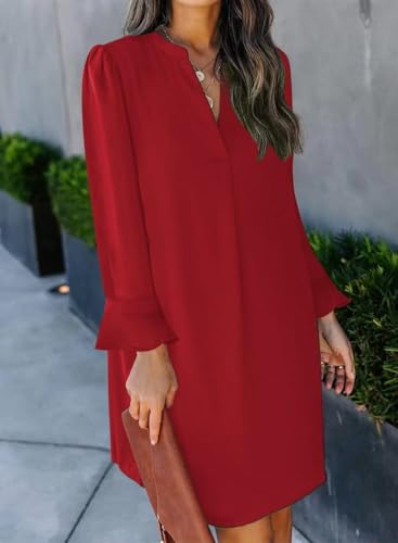 Image of Wkior Womens Fall Ruffle Long Sleeve V Neck Shift Dresses (S-XXL) | Casual Loose Design, Breathable Fabric, Fall Lightweight Clothes,Vacation Travel Outfit, Essential Fashion Dress