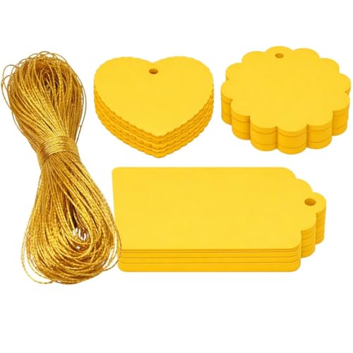 Image of CVANU Premium Gift Tags (120 Pcs) - 3 Designs Blank Hanging Tags with Pre-Punched Holes & Golden String for DIY Crafts| Gift Wrapping| Small Business & Labelling (Yellow2)