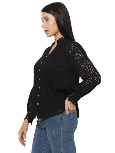 Image of VERO Moda Women's Cotton Mandarin Collar Solid Regular Fit Shirt | Schiffli Design Shirt for Women