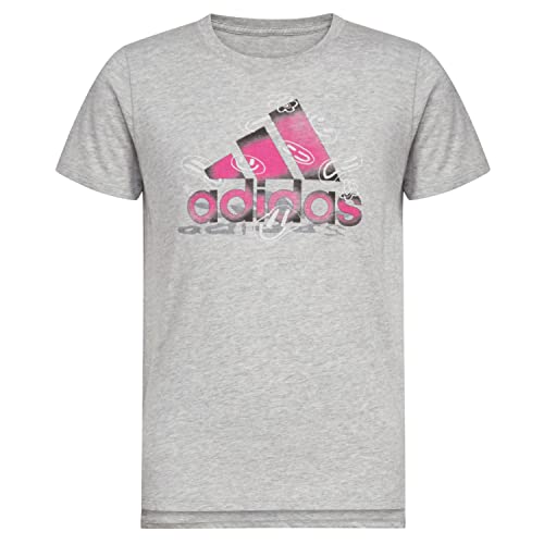adidas Girls Short Sleeve Scoop Neck Tee 22 T Shirt, Grey Heather with Gradient Multicolor, Large