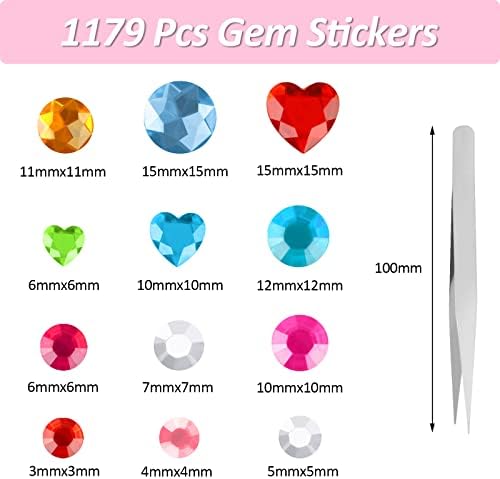Self-Adhesive Rhinestone Stickers, 1179pcs Stick on Gems for Crafting, Acrylic Crystal Bling Face Jewels Sticker with Tweezers, Assorted Gem Stickers for Children DIY Crafts, Makeup,Festival