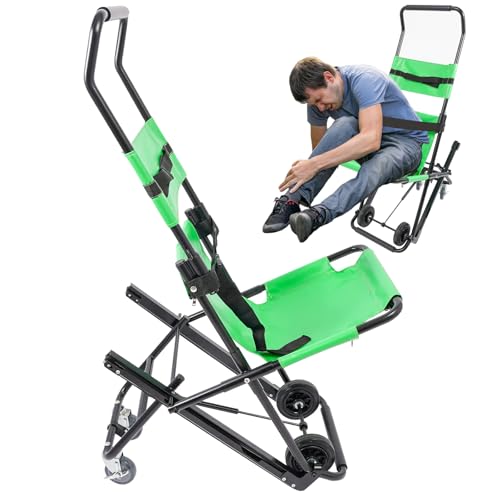 Portable Folding Stair Chair 350lbs Capacity Emergency Evacuation Wheelchair Track Design Adjustable Headrest & Belts No Assembly Aluminum Alloy for Fire Ambulance Hospital Home (Green)