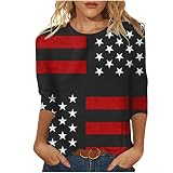 amidoa Womens 3/4 Sleeve 4th of July Shirt Top USA Stars Stripes Tshirt Clothes Merica Patriotic Out