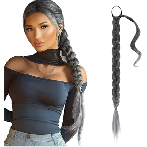 BARSDAR 26 Inch Long Braided Ponytail Extension with Hair Tie - Straight Sleek Wrap Around Ombre Grey Braided Ponytail Hair Extensions - Synthetic Pony Tails Hairpieces for Women - Black Ombre Grey Cover