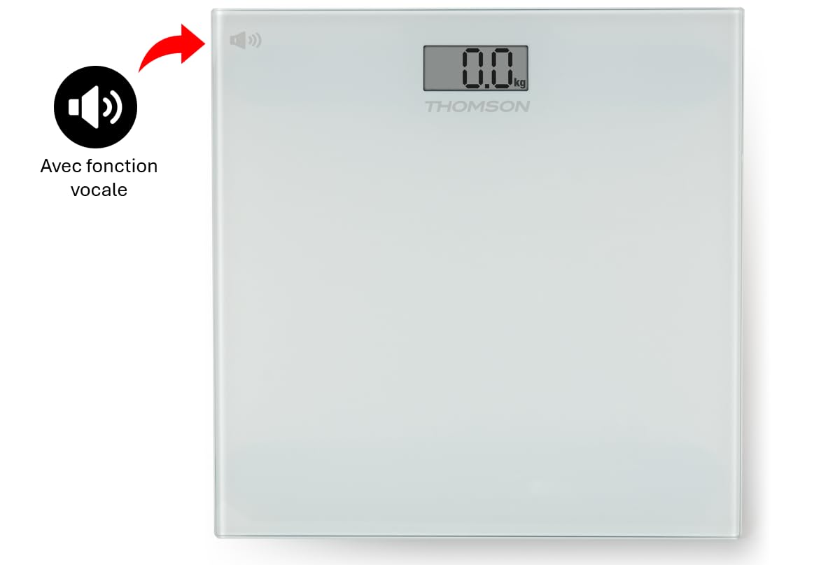 THOMSON Talk MASS 4 - Pèse-Personne avec Fonction Vocale Français, Allemand, Espagnol - Grand Écran LCD Rétroéclairé - Volume Réglable - Plateau Verre Trempé - Design Ultra Fin - Max 150 kg - Blanc