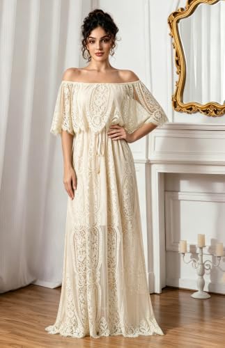 Image of HOYISHION Women's Off The Shoulder Floral Lace Maxi Dress White Bridesmaid Wedding Party Maternity Photoshoot Long Dresses