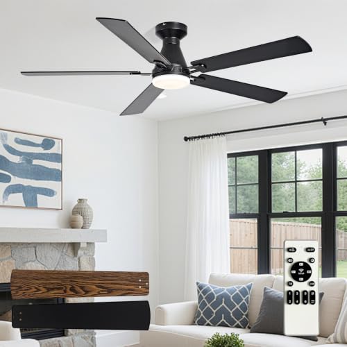 Image of Depuley Modern Ceiling Fan with Light: 52-Inch Black Flush Mount Fandelier | Bedroom Indoor Outdoor Use, 5 Reversible Walnut Blades, 6 Fan Speeds, Timing Function, Dimmable 3CCT, Remote Control Included