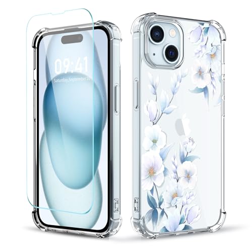 YOYORI Compatible with iPhone 15 Case with Screen Protector, Flower Pattern Design, Floral Clear Women Phone Case Shockproof Protective Soft Bumper Cover 6.1 Inch 2023(Flower-4)