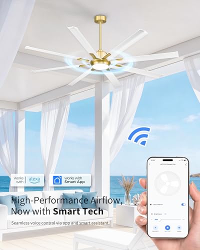 Image of 72 Inch White & Gold Ceiling Fan,Smart Ceiling Fan with Voice Control,Large Ceiling Fan With 8 Aluminium Metal Blades,CF04BGW-72