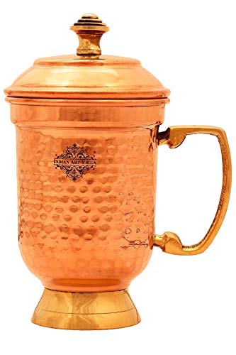 Indian Art Villa Designer Copper Hammered Beer Mug with Lid, Barware, 17 OZ