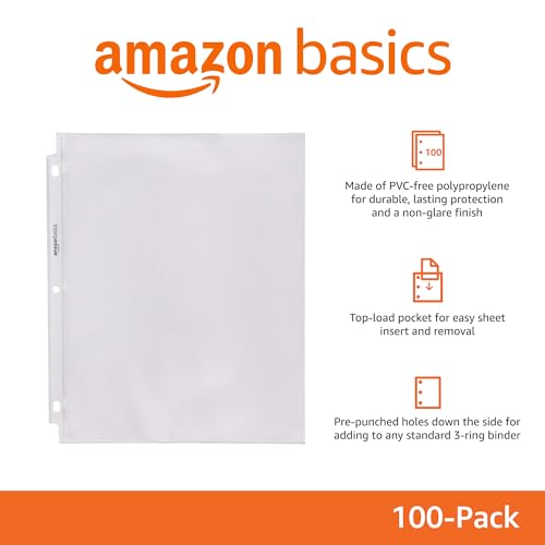 Image of Amazon Basics Sheet Protectors for 3 Ring Binder, Non-Glare, Top Loading, Letter Size 8.5 x 11 in, Clear Plastic Sleeves, 100-Pack